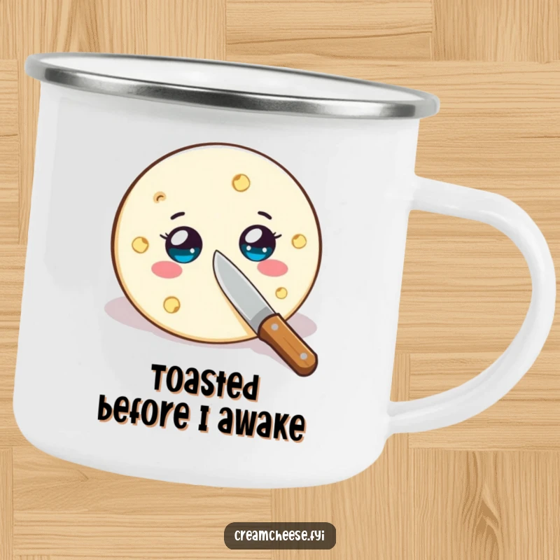Funny cream cheese wheel camping mug, wide-eyed and being sliced by a tiny knife, for outdoor adventures and laughs.