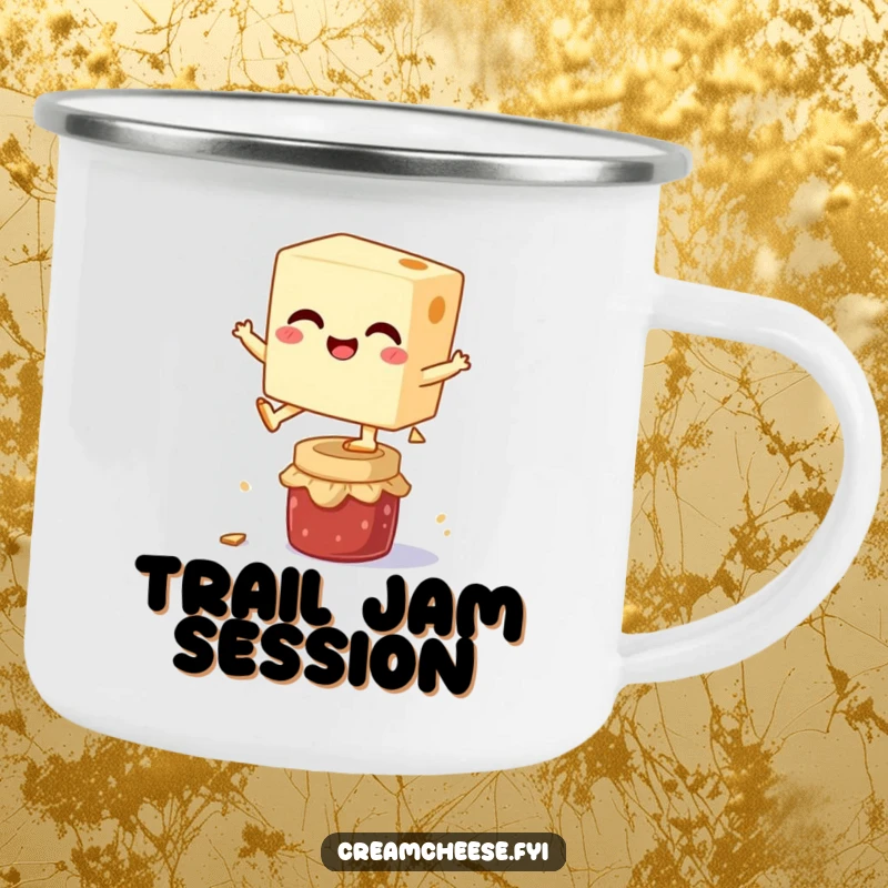 Funny camping mug featuring a joyful cream cheese block leaping over a small jam jar, designed for outdoor enthusiasts who love breakfast and fun.