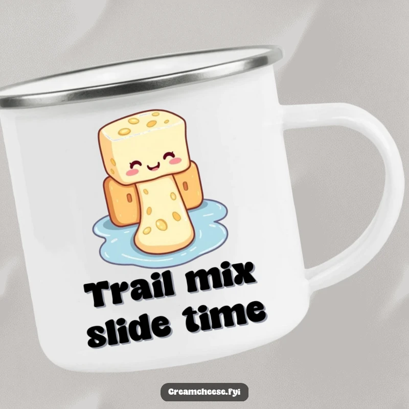 Funny camping mug featuring cream cheese sliding down a cracker, bringing a touch of humor to outdoor adventures.