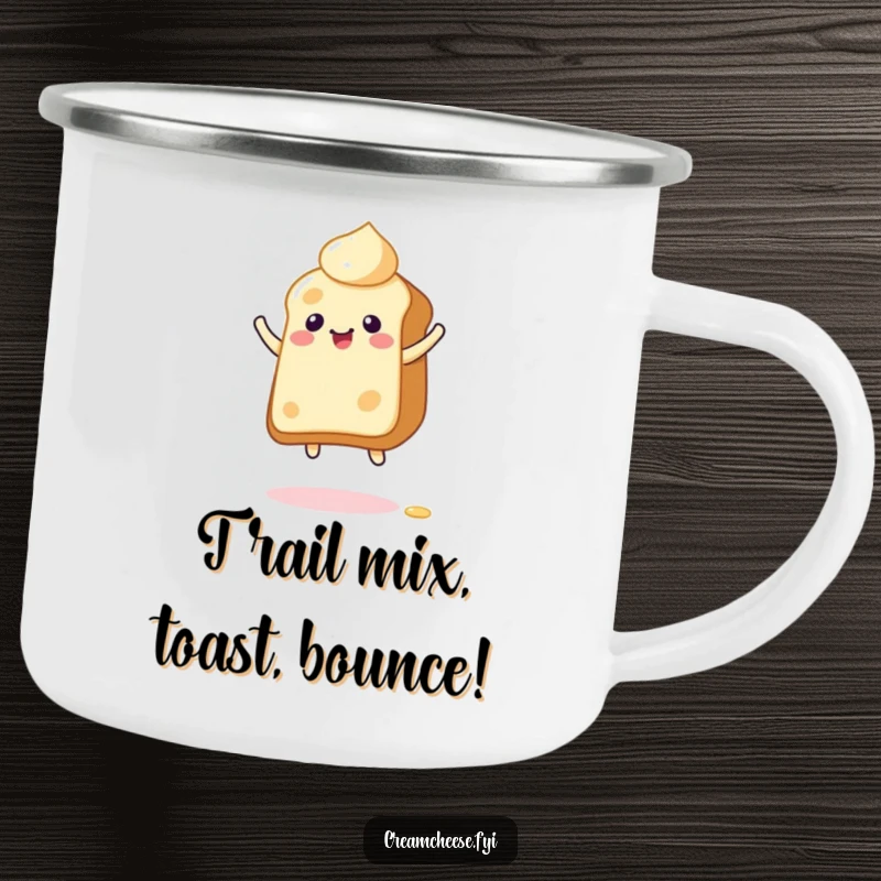 Funny Camping Mug showing a giddy cream cheese character bouncing on toast, perfect for humorous outdoor drinks with spreadable joy.