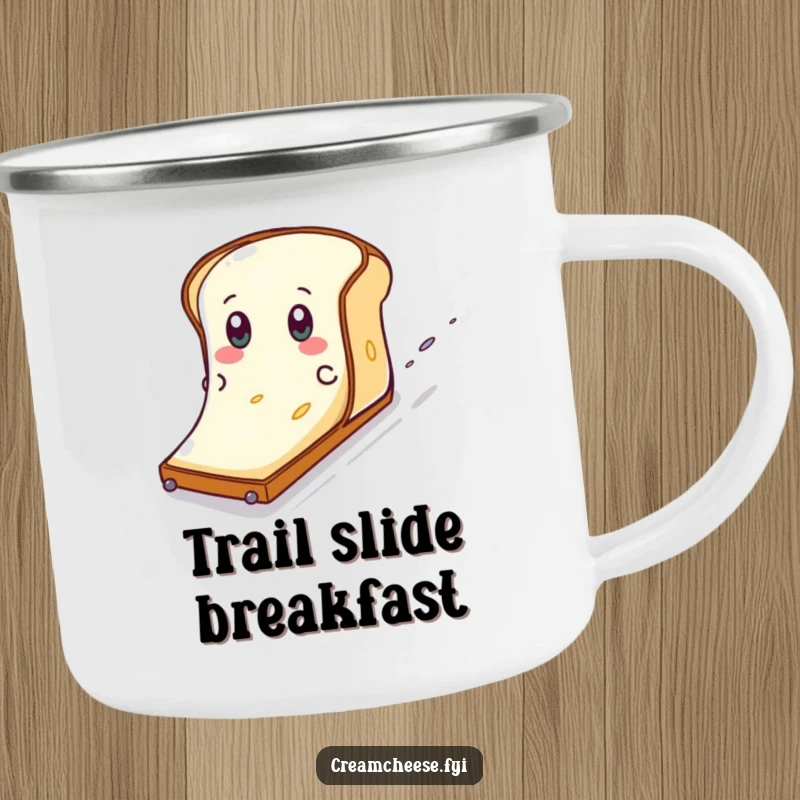 Funny Cream Cheese Toast Slide Camping Mug: A cream cheese character eagerly slides down a toast slope, ready for adventure.