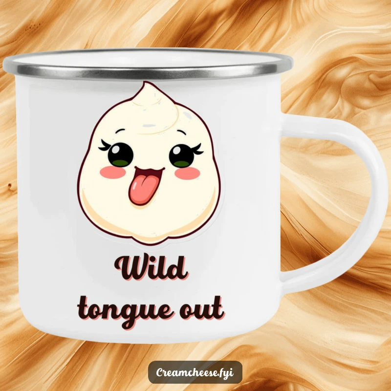 Funny camping mug with a cream cheese dollop character sticking its tongue out, designed for adventure lovers who enjoy a bit of playful charm.
