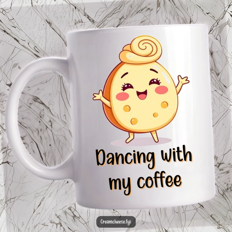 Funny mug of a cream cheese wheel happily dancing while wearing a cinnamon swirl hat, radiating pure morning delight.