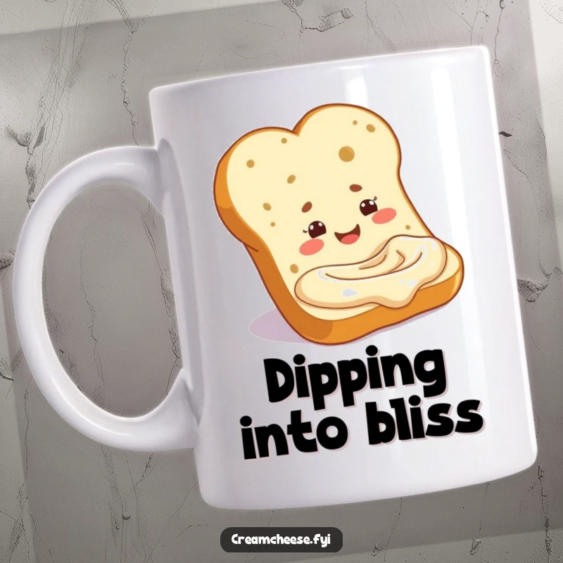 Funny cheerful baguette slice dipping into a cream cheese pool, on a mug. A comical bread and spread scene, great as a funny gift.
