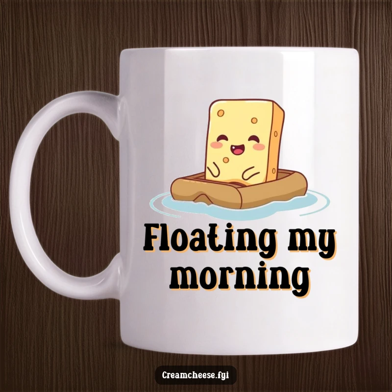 Funny Cream Cheese Mug showing a giggling cream cheese bar attempting to float on a tiny raft, a hilarious foodie gift.
