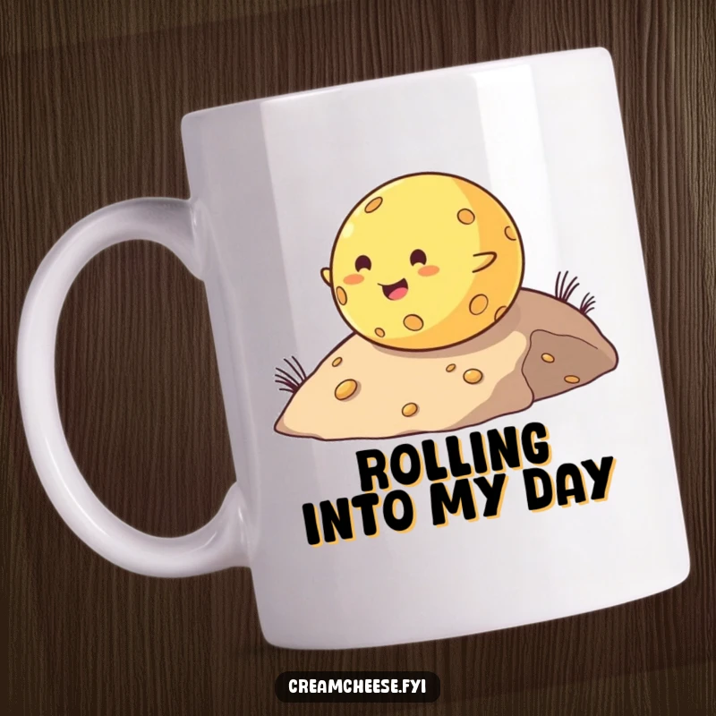 Funny mug featuring a chubby cheese ball joyfully rolling down a grassy hill with a big cheerful expression, embodying pure delight.