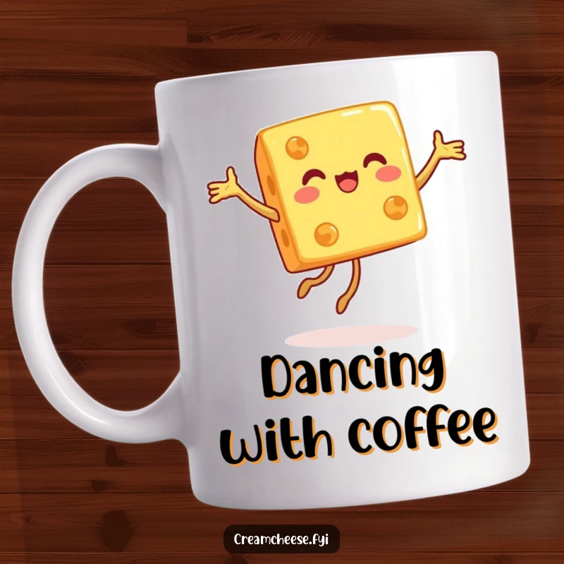 Funny mug featuring a happy cheese cube gracefully performing a joyful pirouette with a delighted expression, showcasing culinary dance.