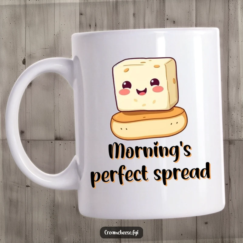 Funny cream cheese cube balancing on a bagel, looking cheerful, on a mug. A humorous breakfast scene, perfect as a funny gift.