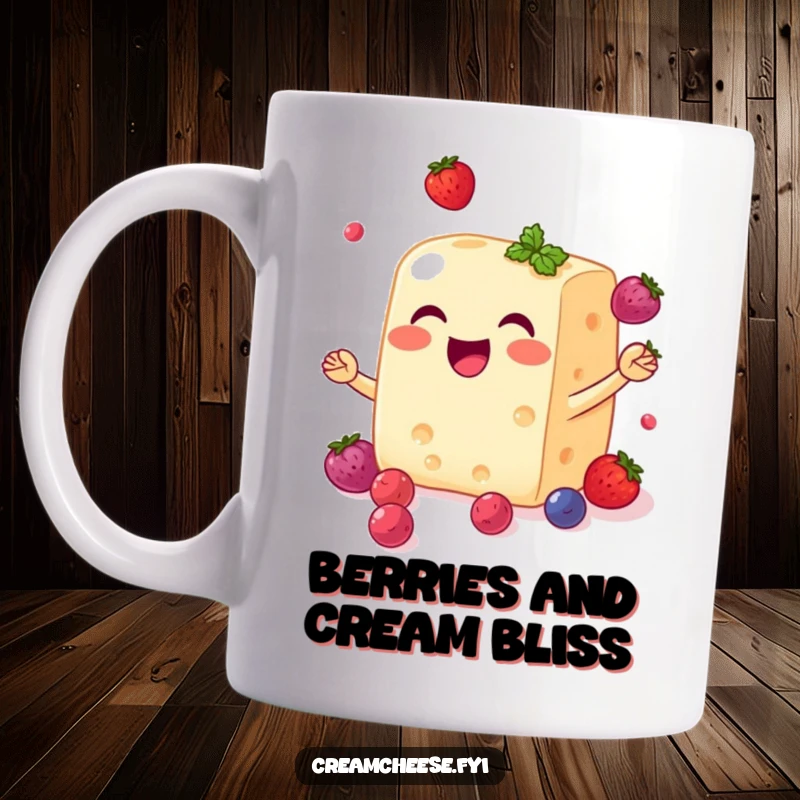 Funny cream cheese block mug joyfully juggling small, sweet berries with a big smile, a delightful foodie accessory.