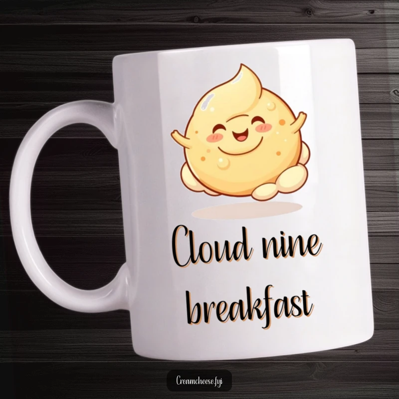 Funny Cream Cheese Blob Mug: A cheerful cream cheese blob happily bounces on a fluffy bagel cloud, radiating pure joy.