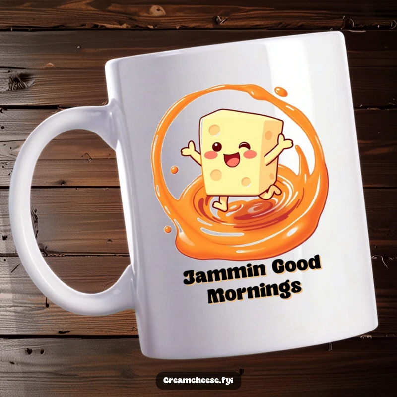 Funny mug showcasing a cream cheese block character joyfully leaping through a vibrant swirl of jam, celebrating a delicious start.