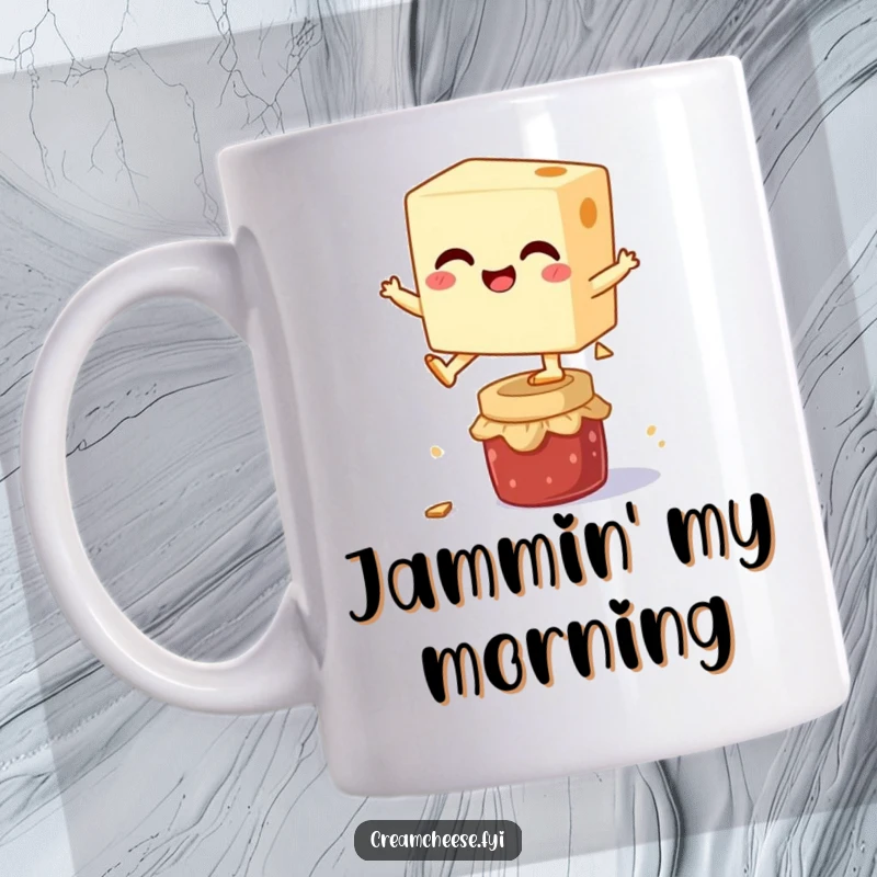Funny mug featuring a joyous cream cheese block mid-leap over a tiny jam jar, capturing a moment of playful breakfast adventure.