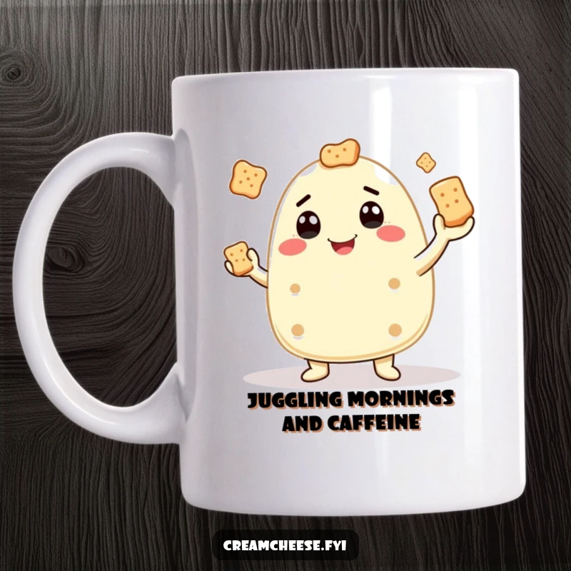 Funny mug with a goofy cream cheese character gleefully juggling small crackers, a delightful depiction of cheesy talent.