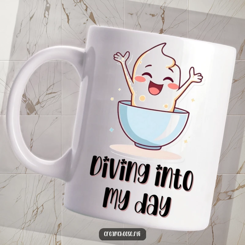 Funny mug depicting an enthusiastic cream cheese character leaping joyfully into a mixing bowl, a celebration of culinary excitement.