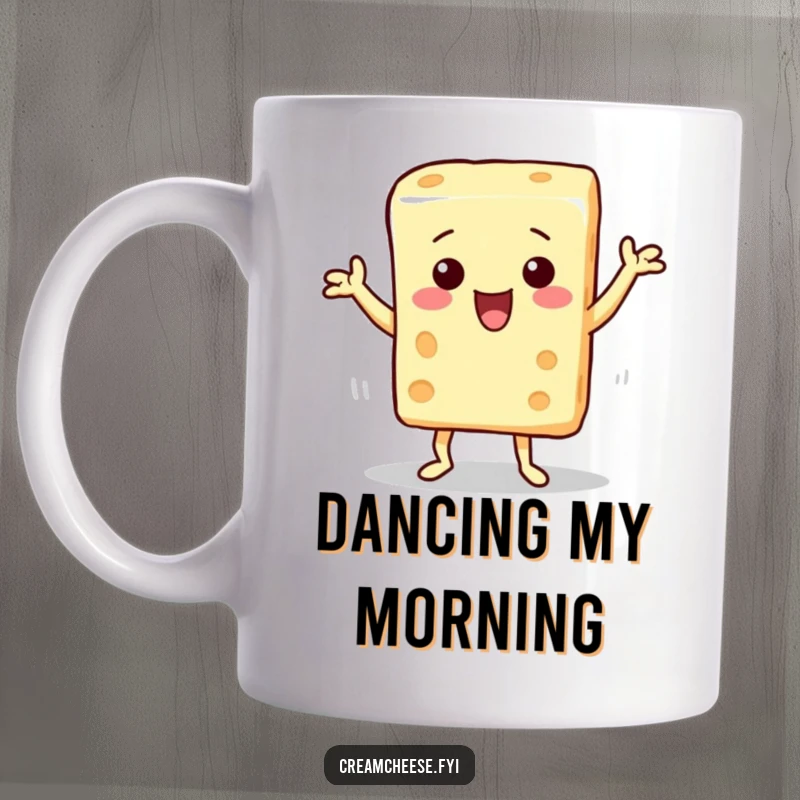 Funny mug with a block of cream cheese character doing a silly dance with exaggerated moves and a joyful expression, perfect for food lovers.