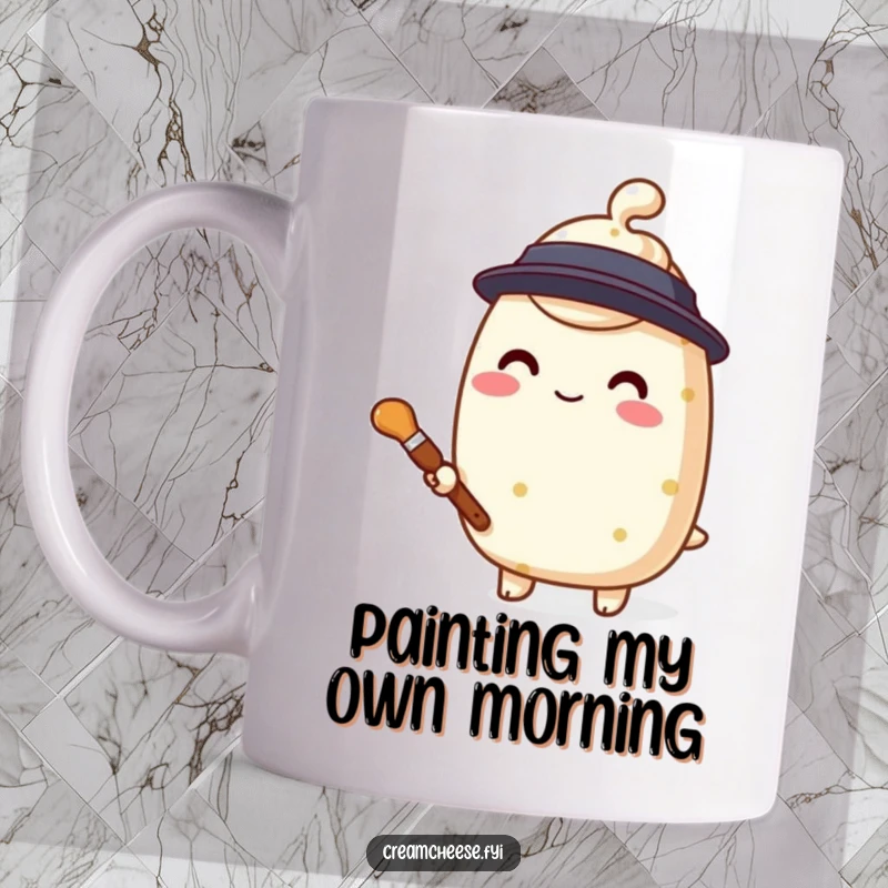 Funny cream cheese painter mug, a stylized character holding a tiny paintbrush, embodying creativity and charm.