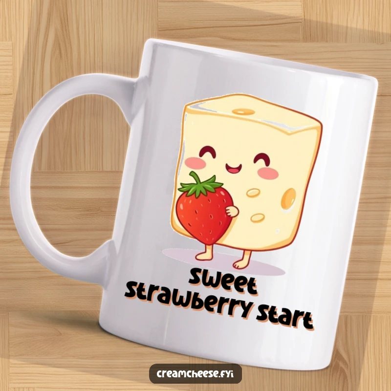 Funny Cream Cheese Mug featuring a cheerful cream cheese slice tiptoeing gracefully with a tiny strawberry, embodying cute and funny food art.