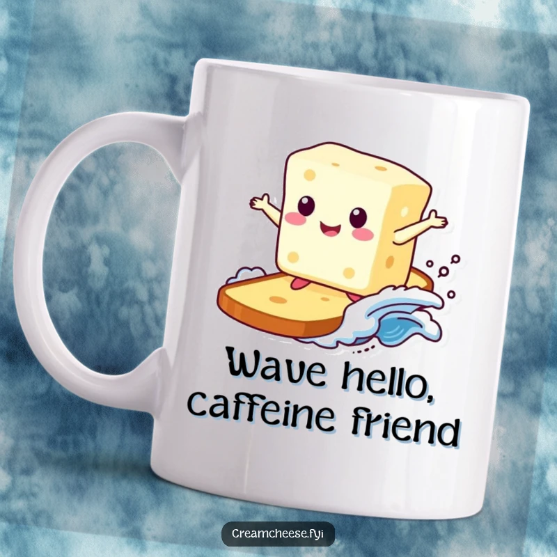 Funny mug featuring a smiling cream cheese block joyfully surfing a giant toast wave, embodying pure breakfast bliss and seaside fun.