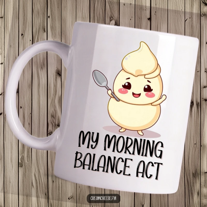 Funny cream cheese swirl mug, a character joyfully balancing a tiny spoon, representing fun and sweetness.