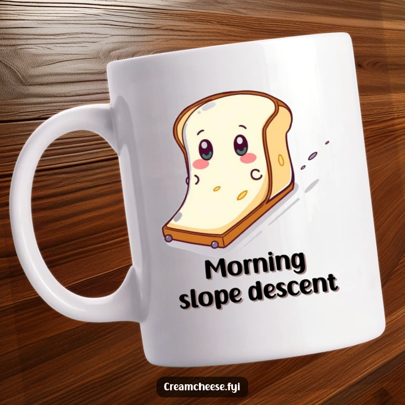 Funny Cream Cheese Mug: A cream cheese character with eyes eagerly slides down a steep toast slope, a comical breakfast scene.