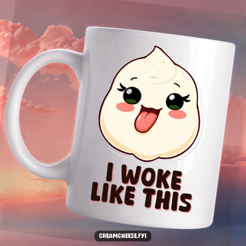 Funny mug showcasing a cute cream cheese dollop character playfully sticking its tongue out, radiating cheeky charm and sweet delight.