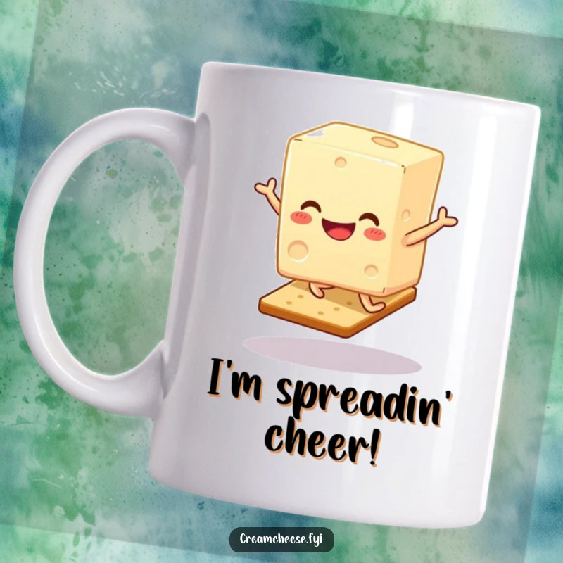 Funny Cream Cheese Mug: A smiling cream cheese block joyfully hops on a cracker, spreading breakfast cheer.