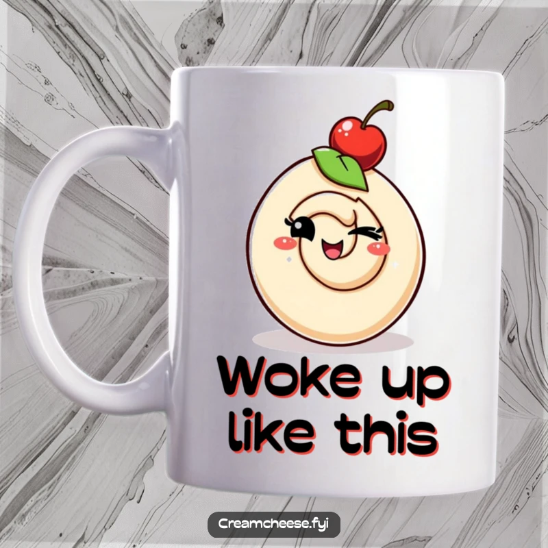 Funny whimsical cream cheese swirl character wearing a cherry hat, winking playfully, adding a touch of cheeky fun to your mug.