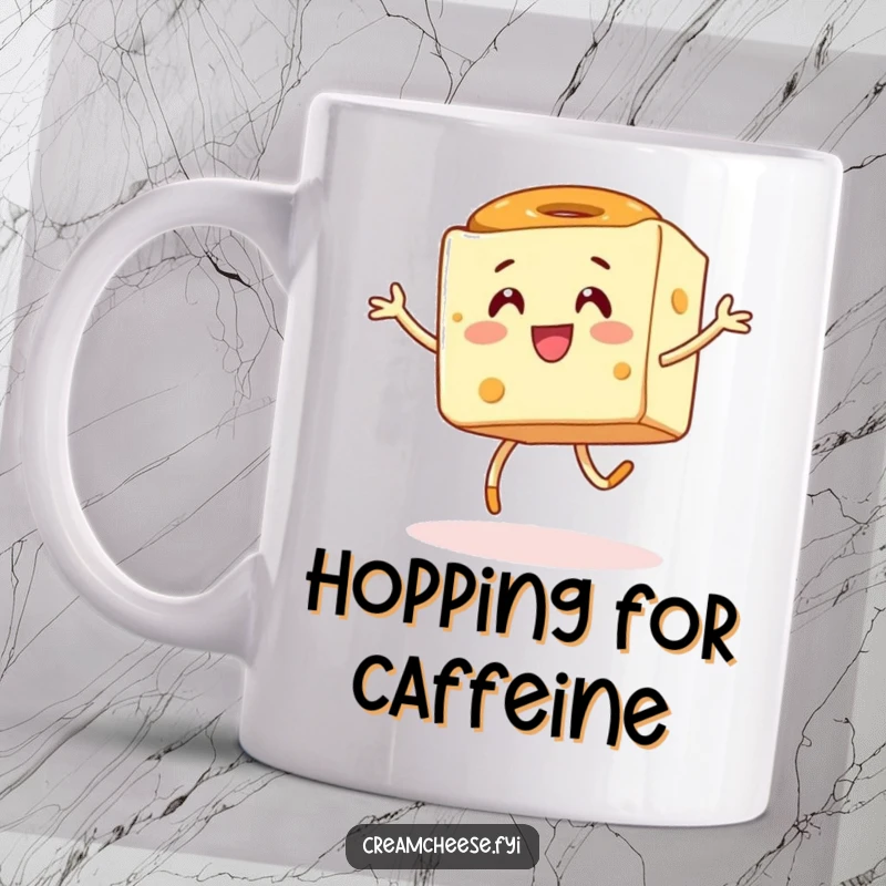 Funny mug depicting an energetic cream cheese cube joyfully hopping alongside a delighted bagel, celebrating breakfast togetherness.