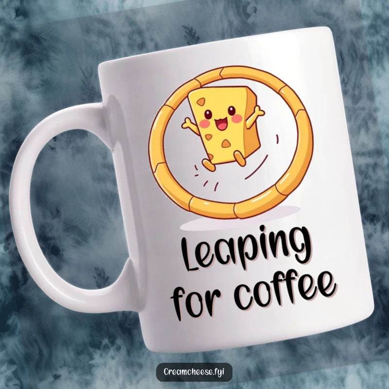 Funny mug featuring a playful cheese wedge energetically leaping through a hoop constructed from breadsticks, showcasing acrobatic snack fun.