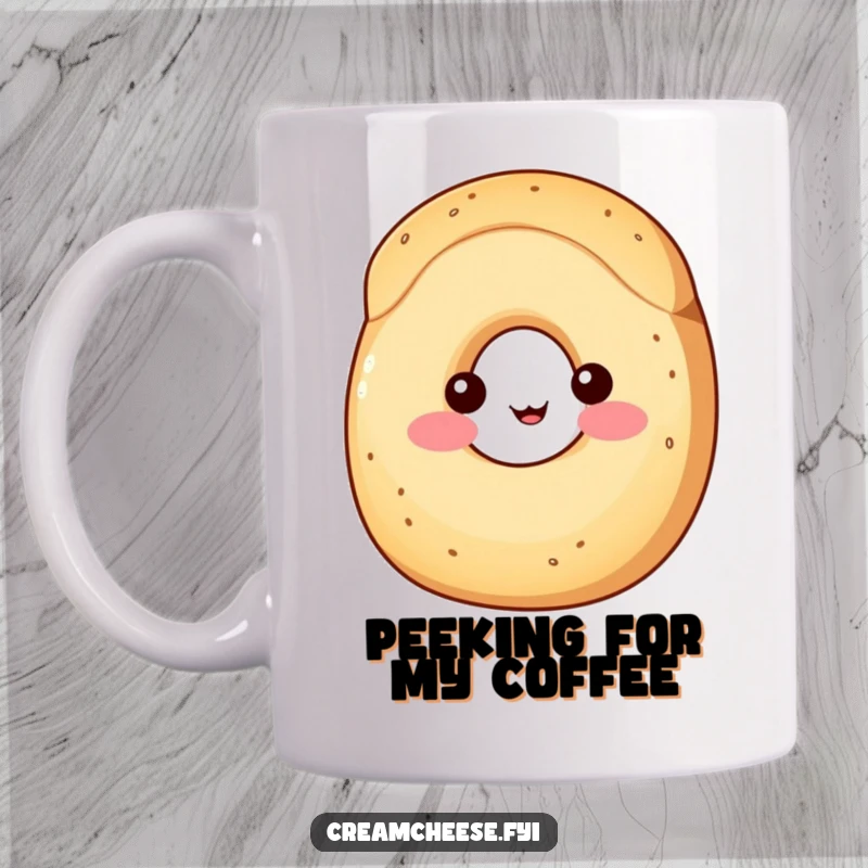 Funny Mug: A shy wedge of cream cheese with rosy cheeks peeks playfully from behind a smiling bagel, looking adorable and bashful.