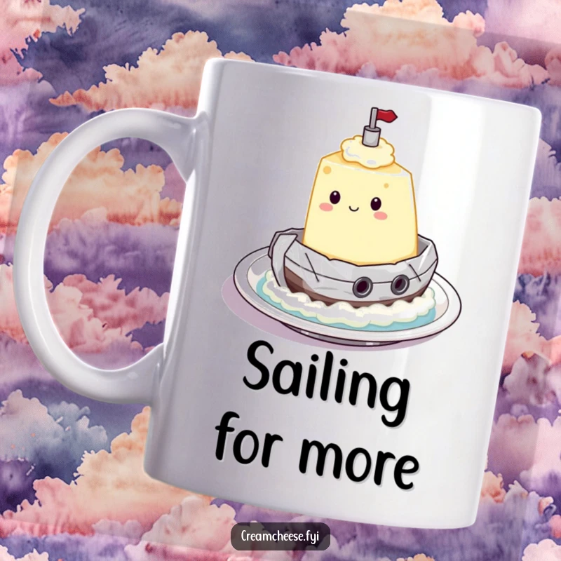 Funny Mug showing a cream cheese character inside a foil tugboat sailing across a plate, embodying a whimsical breakfast voyage.