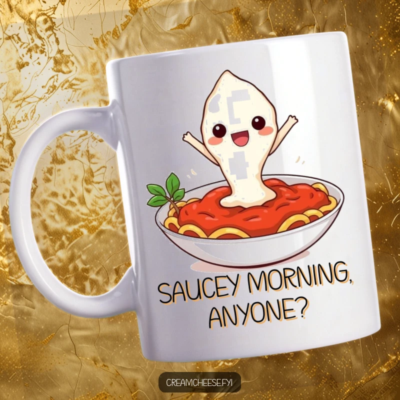 Funny mug featuring a happy cream cheese dollop joyfully leaping into a bowl of vibrant pasta sauce, spreading culinary cheer.