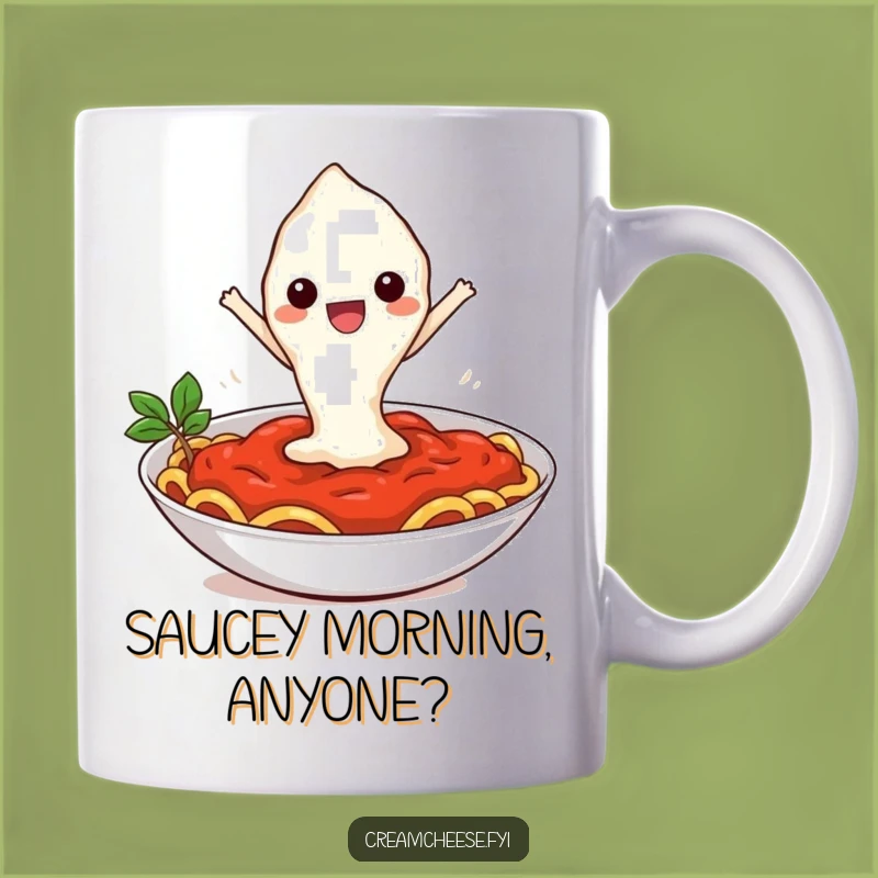 Funny Cream Cheese Pasta Leap Mug: Hilarious Cartoon Foodie Gift