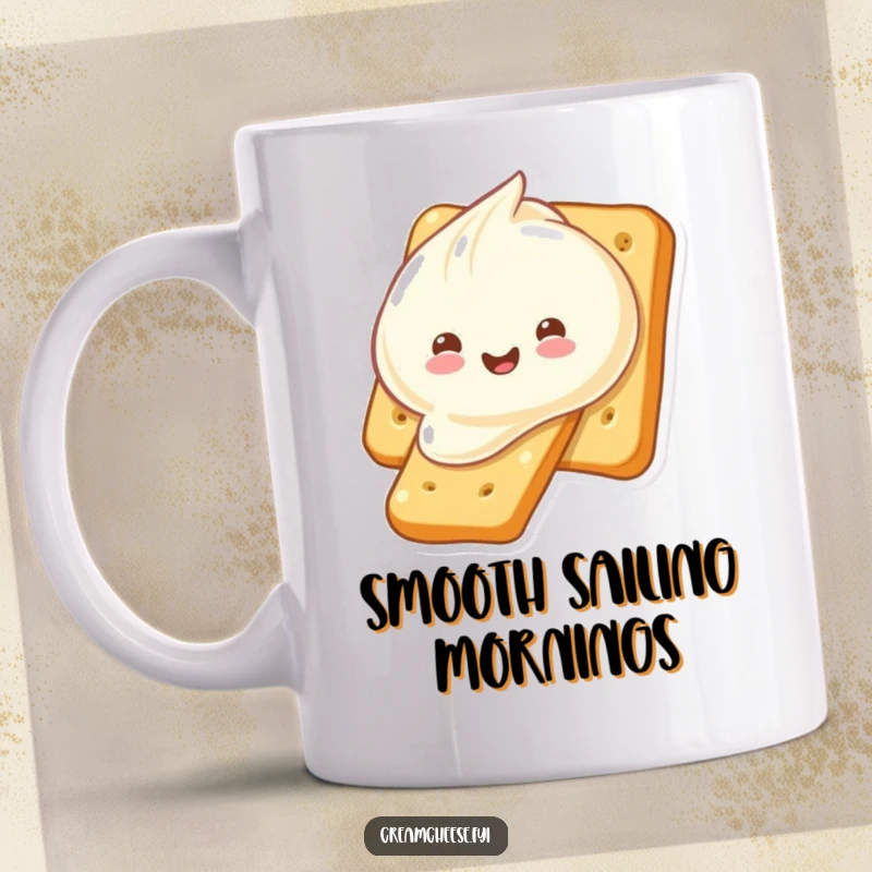 Funny cream cheese dollop sliding down a cracker, looking delighted, on a mug. A comical food scene, great as a funny gift.