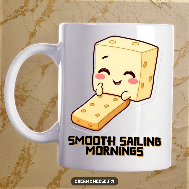 Funny mug with a cheerful cream cheese square character winking while sliding down a cracker, celebrating a fun snack.
