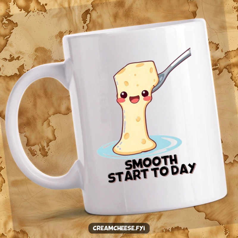 Funny Mug: Cream cheese joyfully sliding down a spoon like a waterslide, a humorous foodie gift.