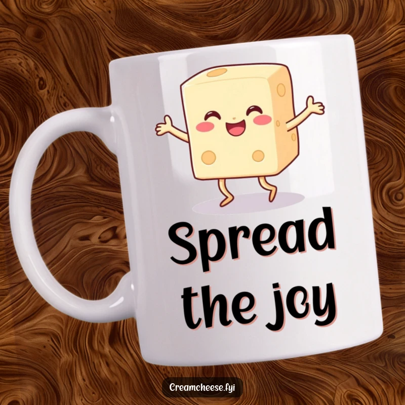 Funny happy cream cheese block with legs doing a joyful dance on a mug, a hilarious and cheesy gift.