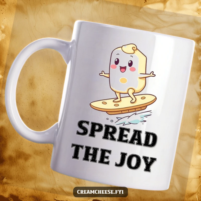 Funny Cream Cheese Surfer Mug: A happy cream cheese character gleefully surfs on a giant cracker, embracing a wild and delicious adventure.