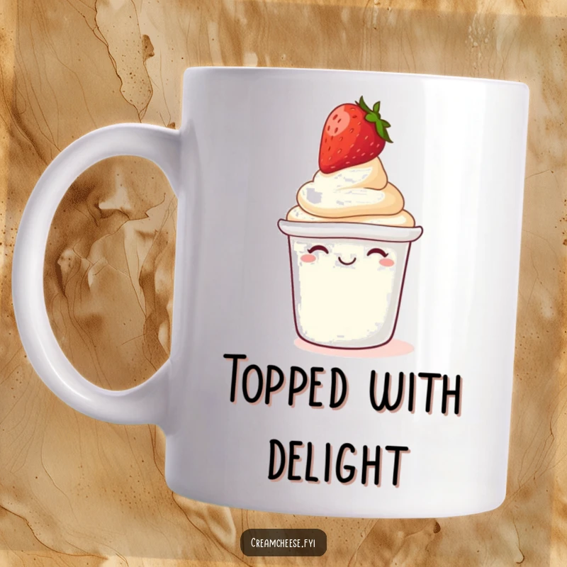 Funny Mug: Giggling cream cheese tub balancing a strawberry on its lid, a humorous food item.