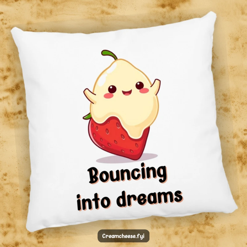 Funny pillow showcasing a playful cream cheese blob happily bouncing on a strawberry, bringing sweet, whimsical charm.