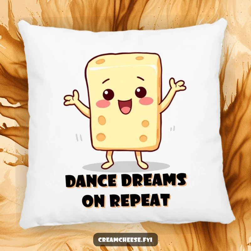Funny pillow with a cream cheese block character doing a silly dance, providing a soft, humorous, and cheerful accent.