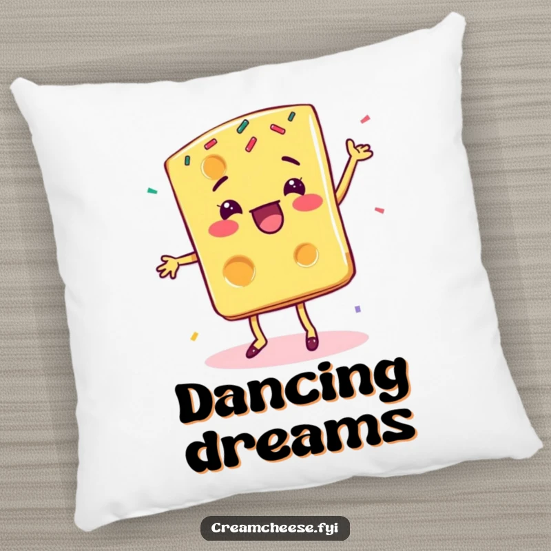 Funny cheese slice pillow, showing a delighted character doing a happy dance amidst a shower of sprinkles.