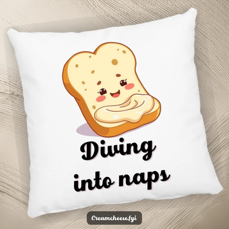 Funny baguette slice dipping into a cream cheese pool, featured on a soft pillow. A charming and funny decorative accent for a funny gift.