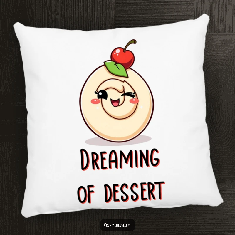 Funny cream cheese swirl character with a cherry hat winking playfully, offering cozy comfort and a touch of cheeky charm.