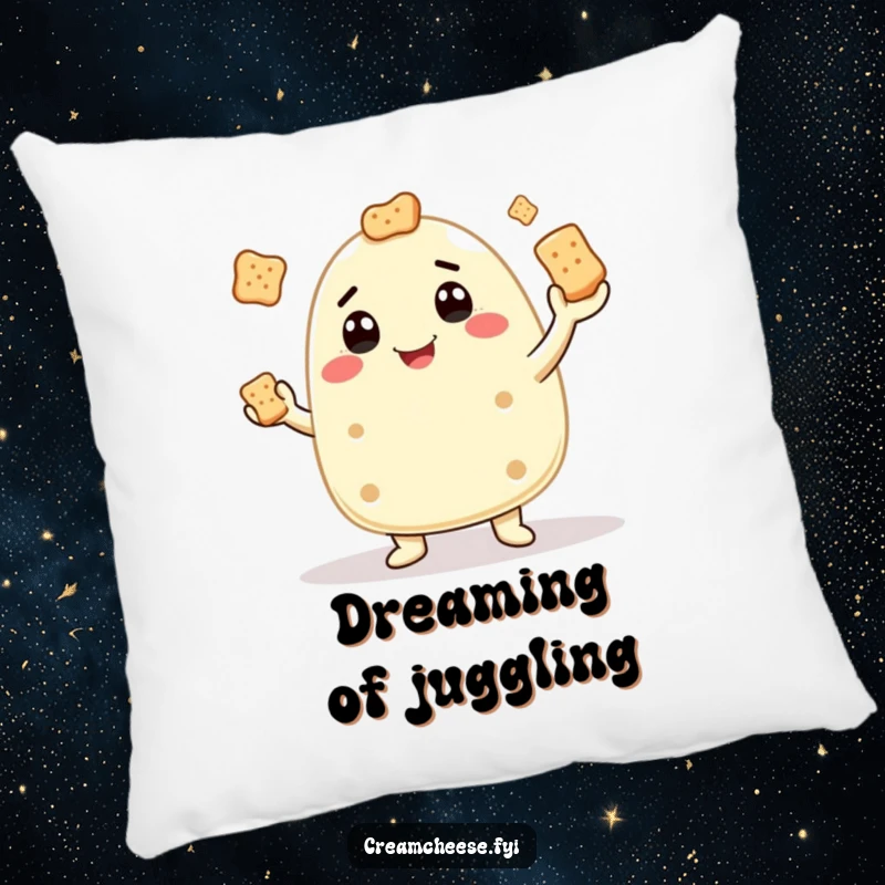 Funny pillow featuring a happy cream cheese character juggling crackers, adding soft humor to any room.