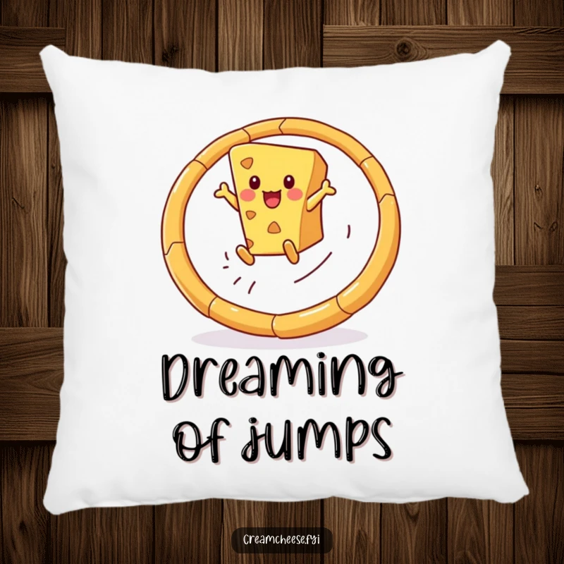 Funny pillow featuring a happy cheese wedge mid-leap through a breadstick hoop, perfect for adding comfort and humor to any room.