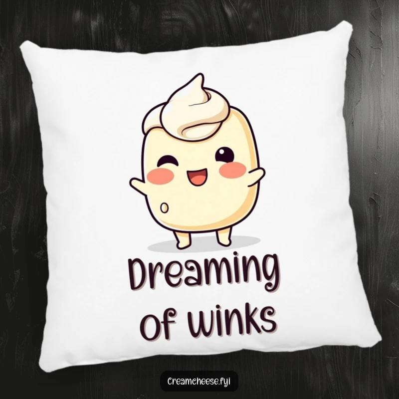 Funny Pillow with a playful cream cheese character attempting a wink with its spreadable surface, perfect for cozy, spreadable comfort.