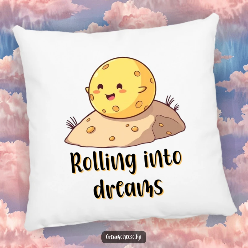 Funny pillow depicting a cheerful, plump cheese ball in motion rolling down a slope, bringing a playful and humorous touch.