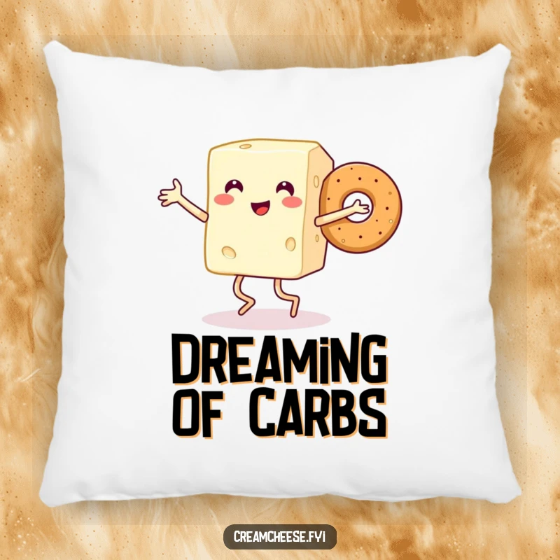 Funny pillow featuring a smiling cream cheese block with legs dancing joyfully with a bagel, adding comfort and humor to home decor.