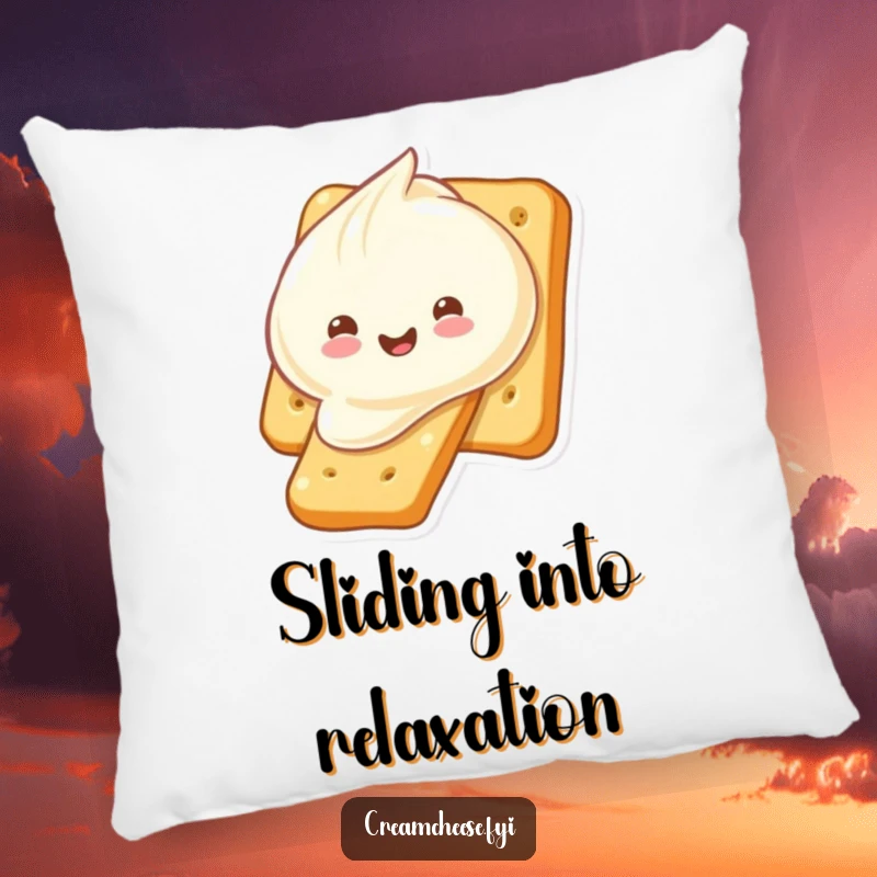 Funny cream cheese dollop sliding down a cracker, featured on a soft pillow. A charming and funny decorative accent for a funny gift.